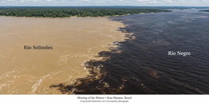 An aerial view of the meeting of the waters near Manaus, Brazil: the sandy-brown Rio Solimões on the left and the near-black Rio Negro on the right flow side by side in one channel, the line between them clearly visible. AI-generated illustration; not a documentary photograph.