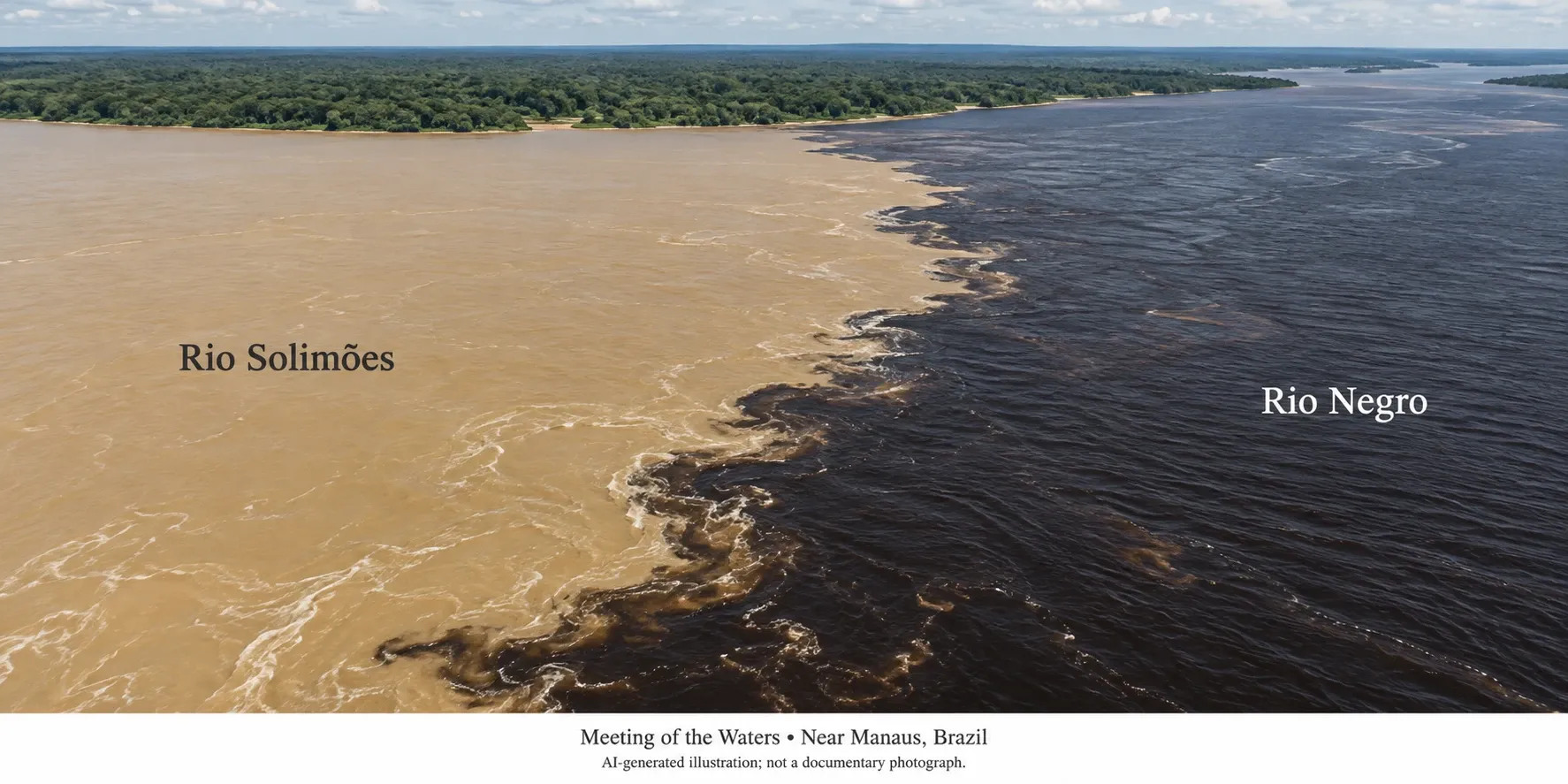 An aerial view of the meeting of the waters near Manaus, Brazil: the sandy-brown Rio Solimões on the left and the near-black Rio Negro on the right flow side by side in one channel, the line between them clearly visible. AI-generated illustration; not a documentary photograph.